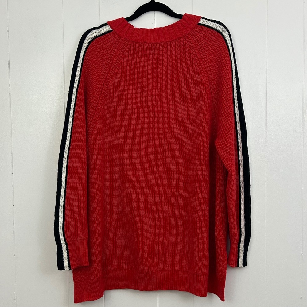 Express Red V-Neck Shaker Knit Sweater Black White Sleeve Stripe Womens Small - Picture 2 of 8